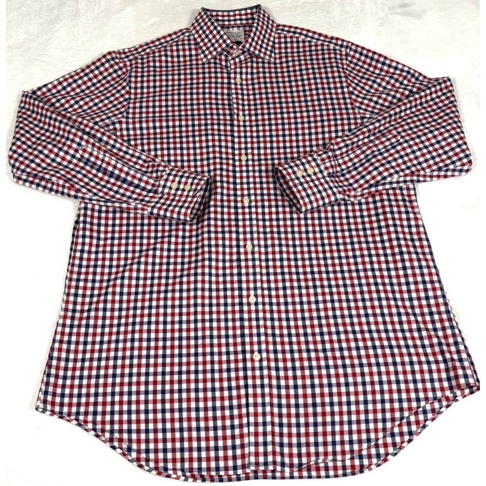 TM Lewin Dress‎ Shirt Mens 17 36 Regular Fit Non Iron Cotton Red Blue Gingham